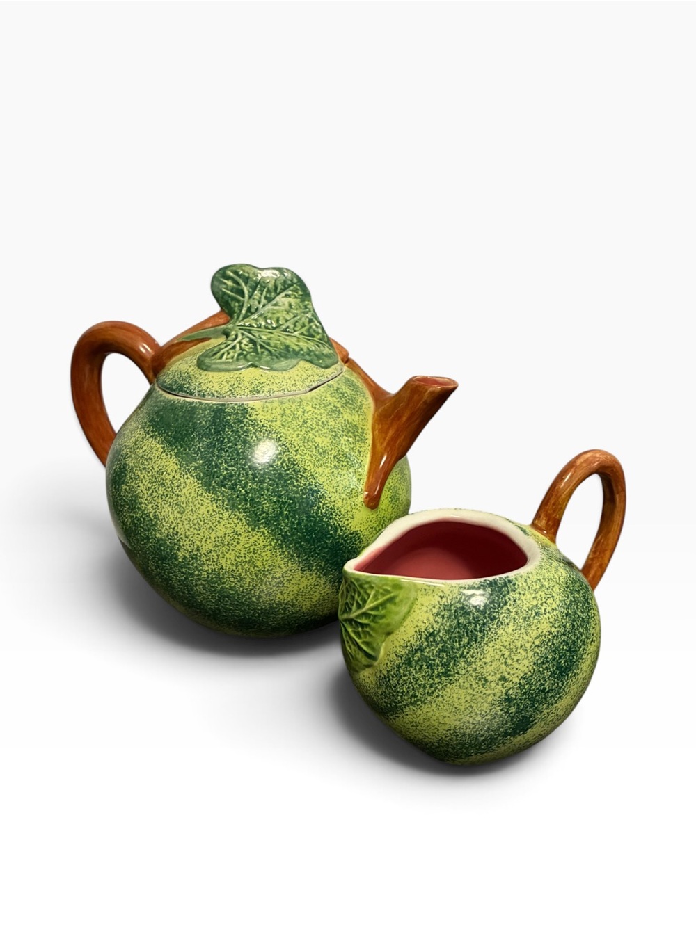 Pier 1 Imports Watermelon Ceramic Teapot and Creamer Set Handcrafted Fruit Decor